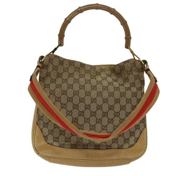 GUCCI GG Canvas Bamboo Sherry Line Hand Bag 2way Beige Red Auth 75306 - Picture 2 of 16